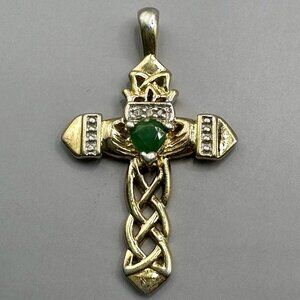 Danbury Mint Claddagh Celtic Cross Pendant Emerald Heart Diamonds Gold Plated
